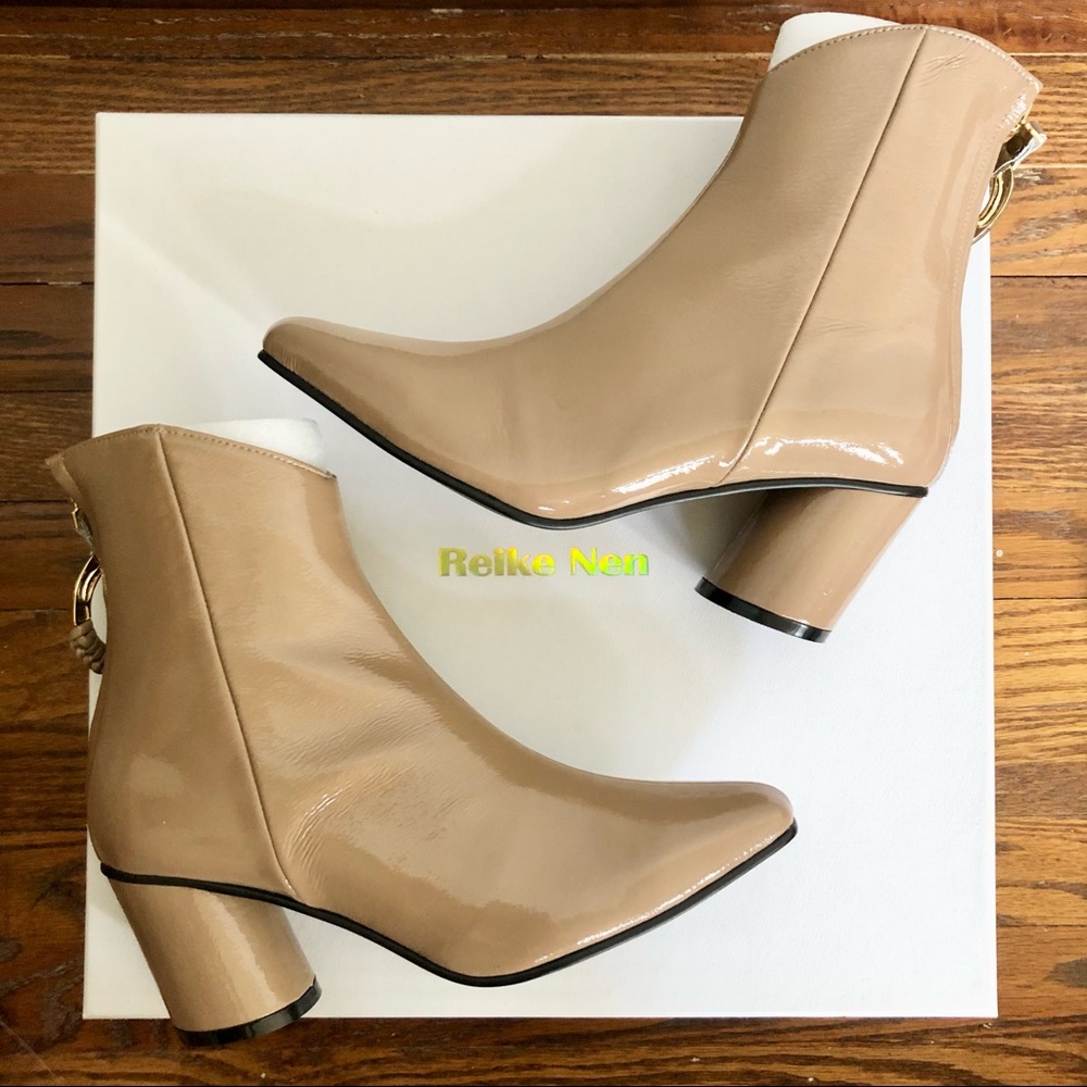 NEW Reike Nen Oblique Turnover Ring Boots in nude Beige Patent Leather